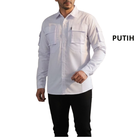 Kemeja Tactical Pria 511 Panjang Baju Outdoor Putih Casual Modern Banyak Kantong