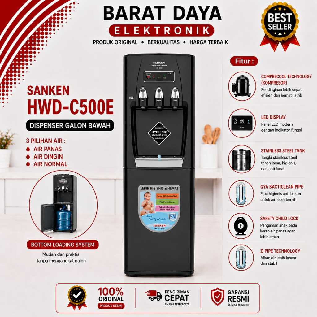 Dispenser Galon Bawah Sanken HWD-C500 Dispenser Sanken Galon Bawah Kompresor
