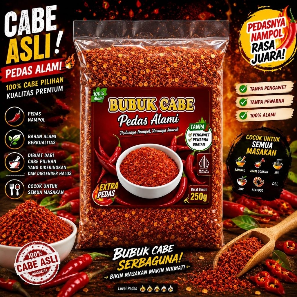 BUBUK CABE EXTRA PEDAS  1KG ,BUBUK CABE UNTUK TAMBAHAN PEDAS ,CABE SEBLAK,CABE JEL TOT