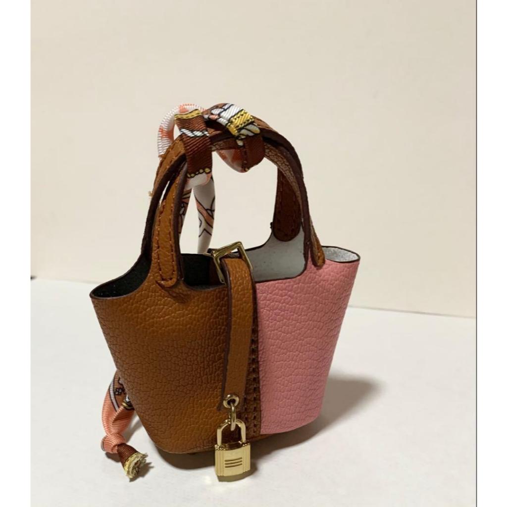 [PreOrder] Mini Bag Charm Picotin Style Two Tone Pink Brown Faux Leather Small Pouch Unused