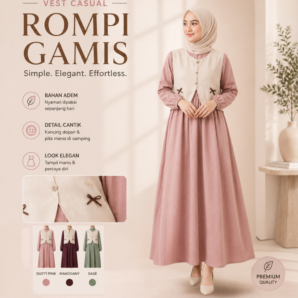 Gamis Crinkle Set Rompi | Gamis Wanita Layer Modern | Dress Muslim Simple Elegan