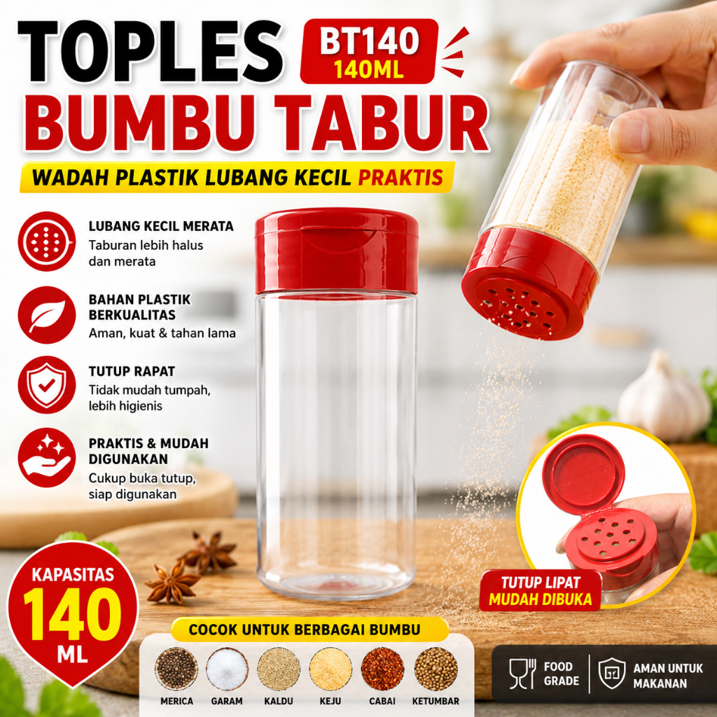 BT140 - TOPLES BUMBU TABUR 140ML – WADAH PLASTIK LUBANG KECIL PRAKTIS