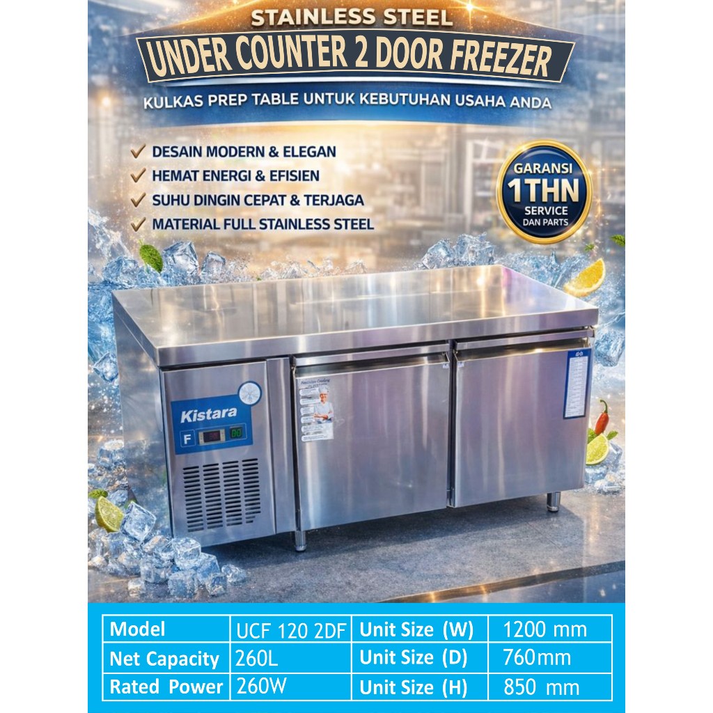 Under Counter  Freezer 2 Door Panjang 120  ( fan Cooling ) ,Kulkas Dapur , Kulkas catering ,Kulkas R