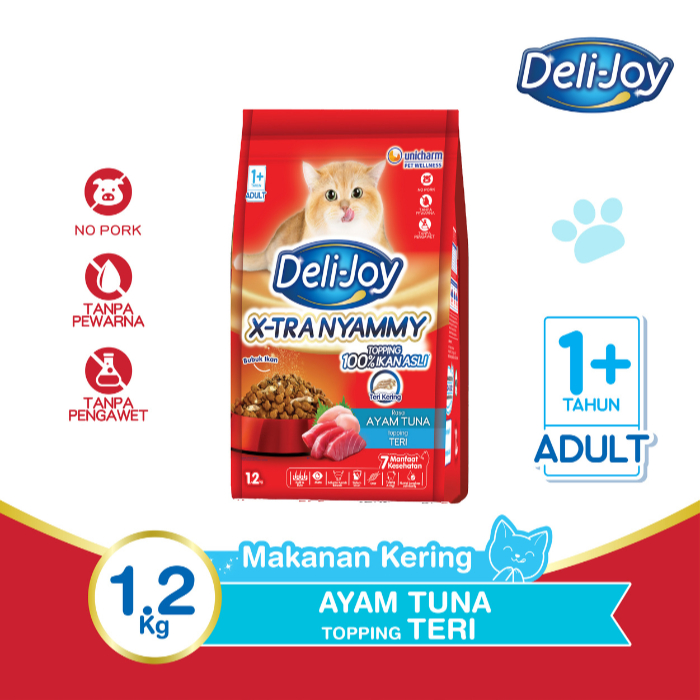 Deli-Joy Makanan Kucing Kering Adult Ayam Tuna Topping Teri 1.2kg