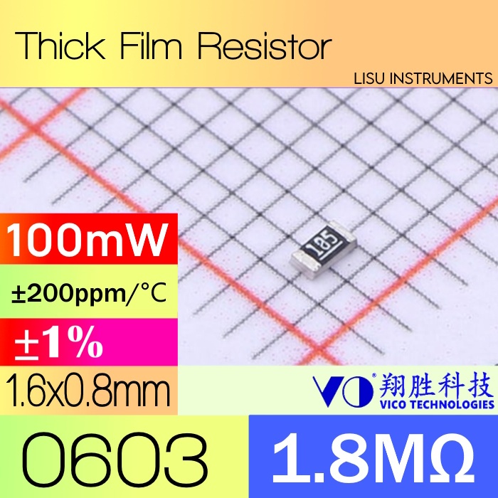 1.8M 0603 ±1% 100mW SMD Thick Film Resistor 1.8M 185 VO SCR0603F1M8