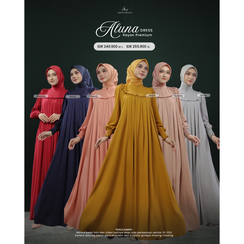 Aluna Dress Gamis Cantik ARRAFI Kain Rayon Premium Polos Elegan