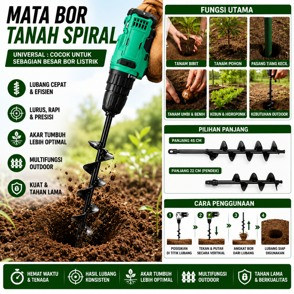 Mata Bor Tanah Spiral Penggali Lubang Tanah Berkebun Auger Bit Tanam Tanaman Pagar Garden Drill Bit 