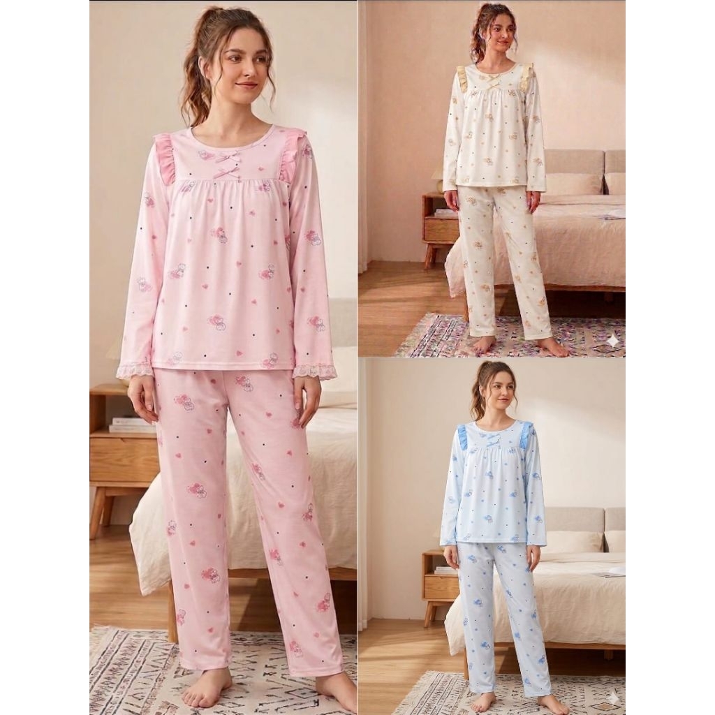 Setelan Baju Tidur Piyama Set Panjang PP Import Renda Pita Korea Premium