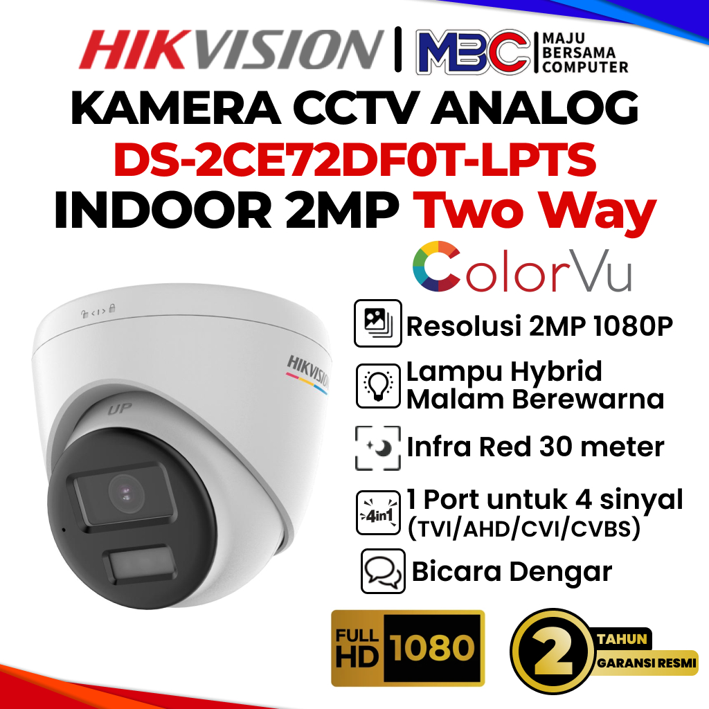 CCTV Analog HikVision 2MP Indoor Colorvu TWO WAY DS-2CE72DF0T-LPTS 2CE72DFOT - CCTV Analog HikVision