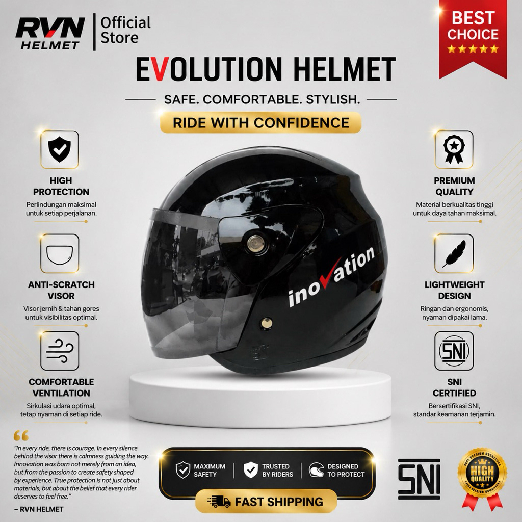 Helm Gm Evolution - Black Gloss/Doff Dewasa Pria Wanita SNI Half Face