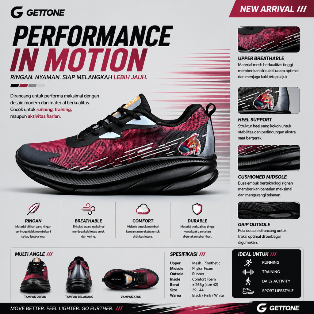 Gettone - Sepatu Sport sekolah hitam polos lari pria wanita