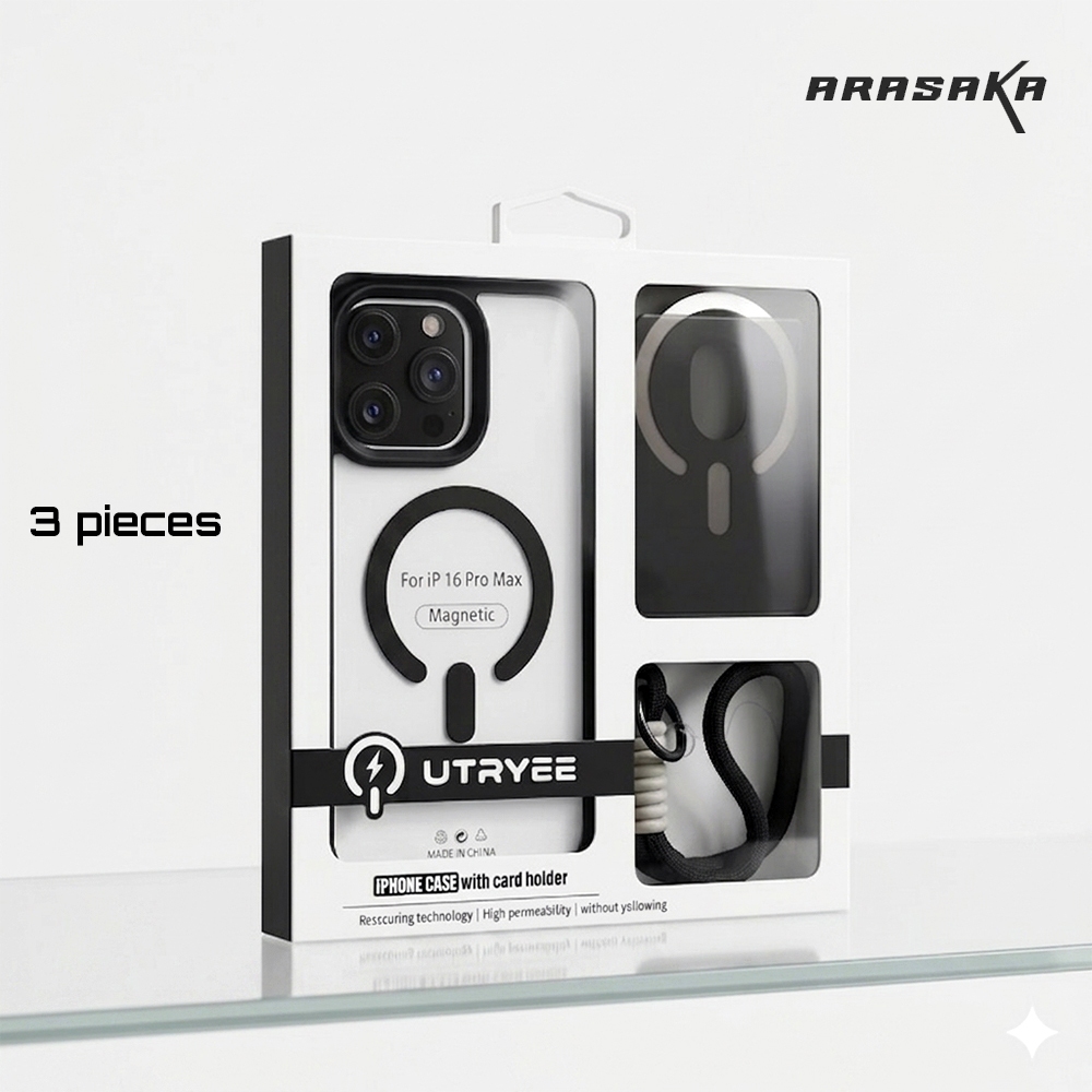 Arasaka Casing Magsafe Set iPhone 13 14 15 16 17 PRO MAX with STRAP Magsafe Wallet Card Holder Anti 