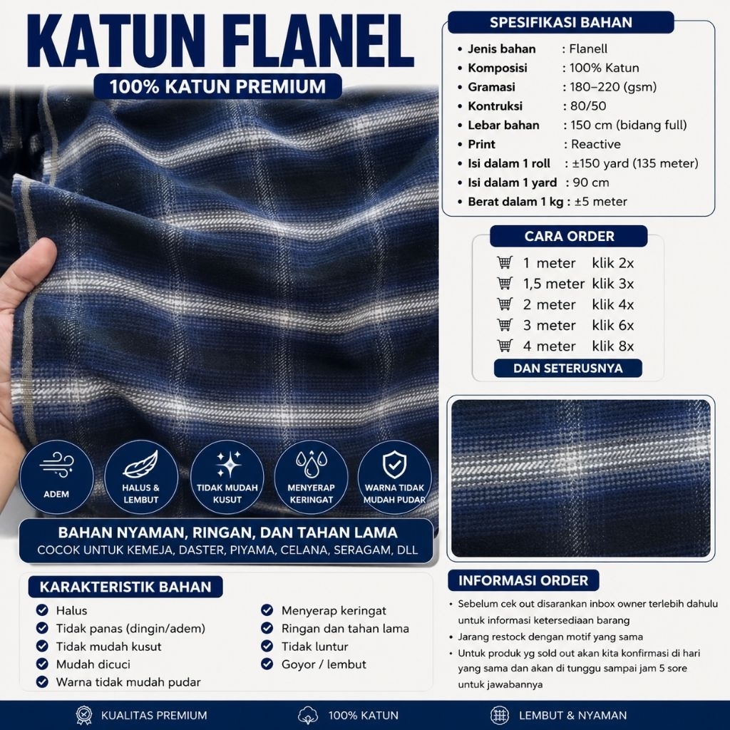 kain katun flanell // flanel motif kotak // flanel meteran // flanel uniqlo