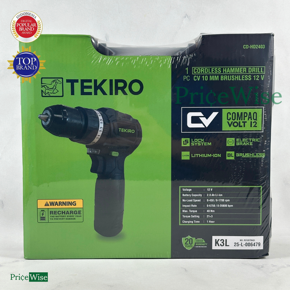 Mesin Bor Baterai Brushless 10 mm 12 V Tekiro CD-HD2403 / Cordless Hammer Drill CV 10mm Brushless 12