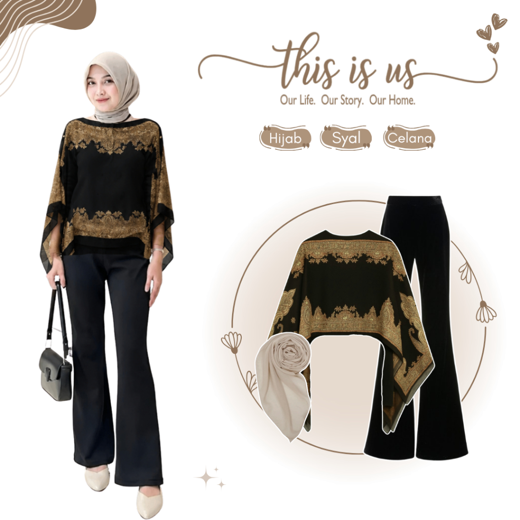 One Set Hang Out 2026 | Syal Hitam Look + Celana Cutbray  + Hijab | Baju Setelan Wanita - CM261N