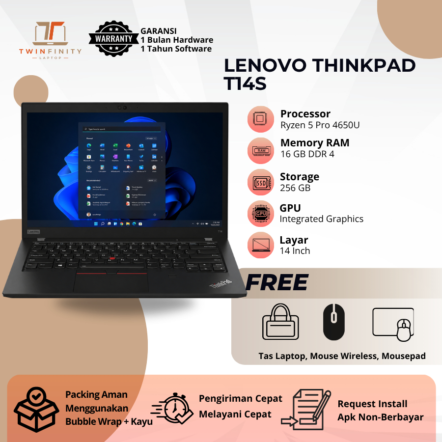 [FREE MOUSE WIRELESS & TAS LAPTOP] Lenovo ThinkPad T14S Core i7 Gen 10 RAM 16GB SSD 256GB 14 Inch La