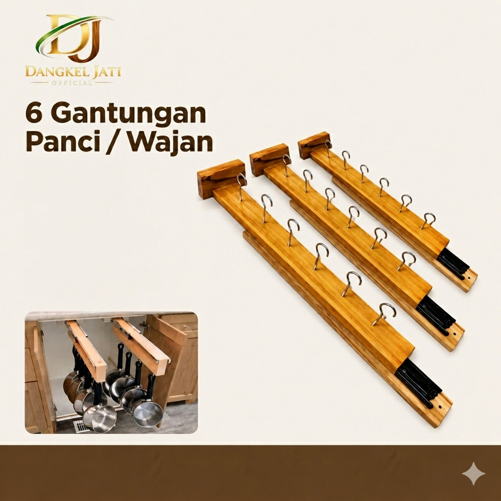 DENGKEL JATI-Rel Panci Gantung Kayu Jati Free 5 dan 6 Cantolan Gantungan Wajan Soled Termurah 40cm T