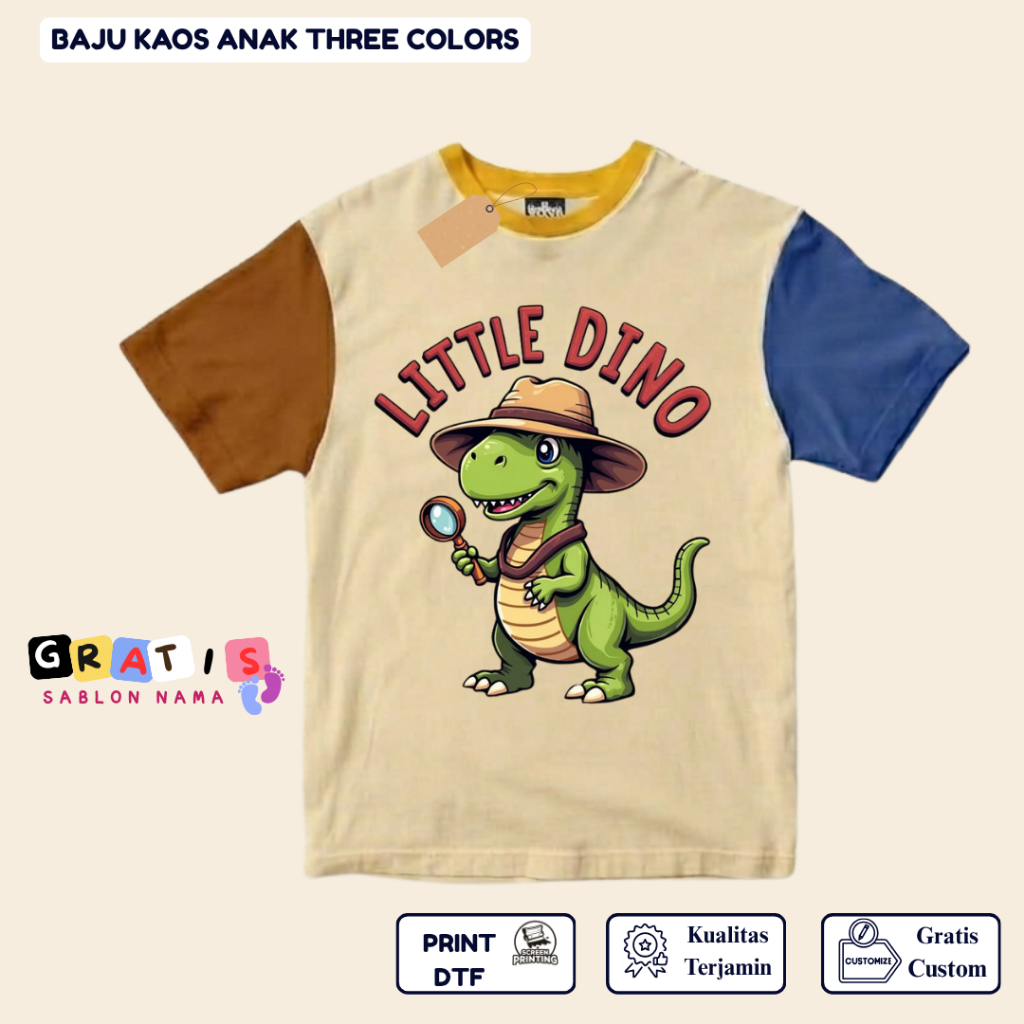 shabira tas  - Kaos Anak DINO LITTLE GD  - Kaos Anak Pendek Three Colors Dino - Kaos Anak Sablon Nam