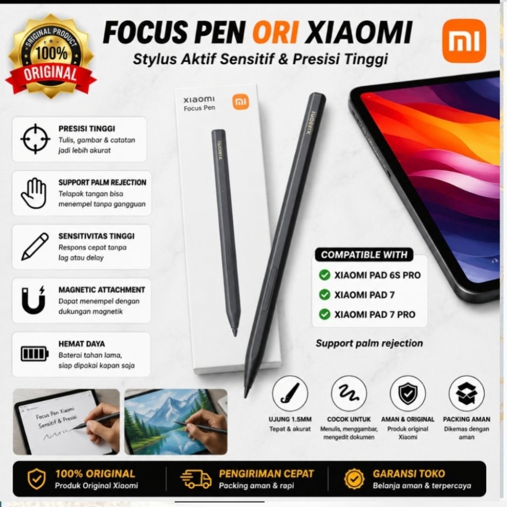 Xiaomi Focus Pen Stylus Aktif Original Untuk Mi Pad 6S Pro Mi Pad 7 Second Mulus Presisi Tinggi Palm