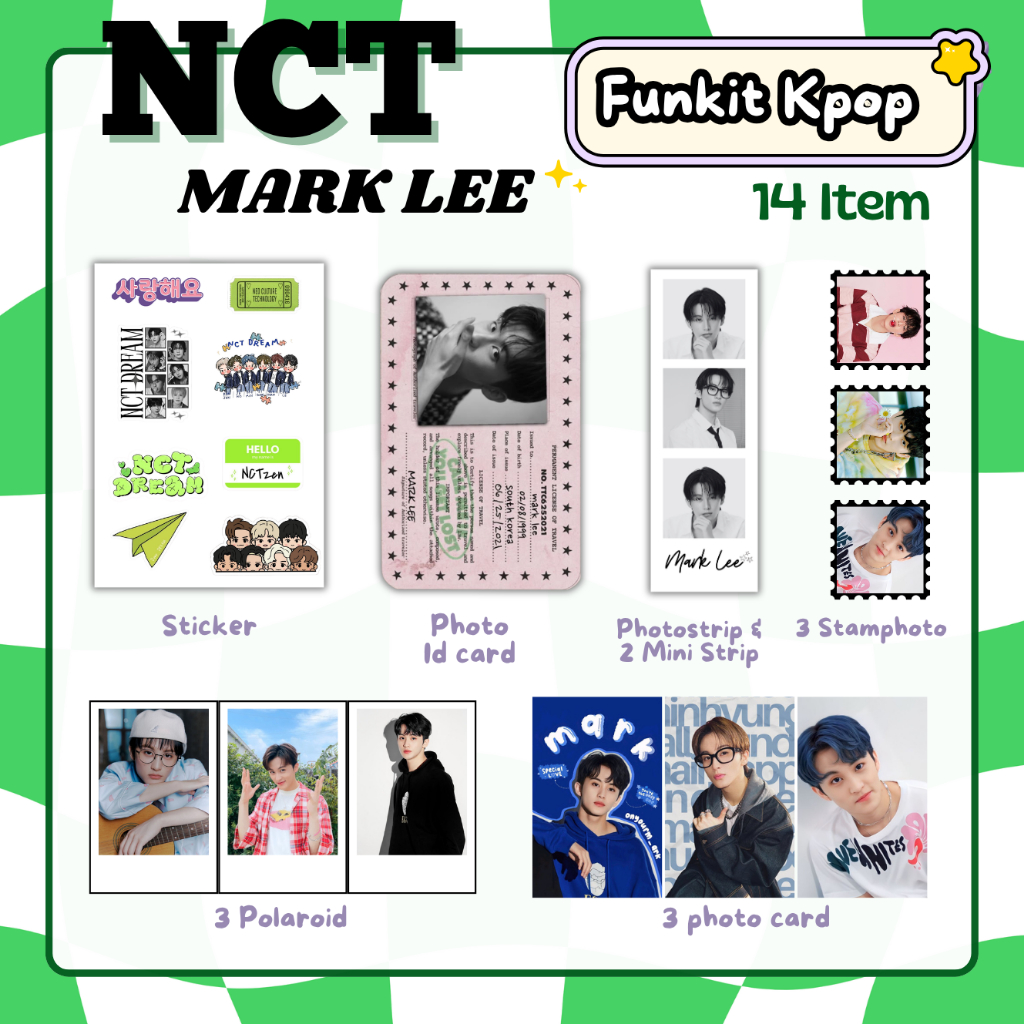 Fankit Kpop NCT Mark Lee 14 Item Stiker, Photo ID Card, Photo Card, Stamp photo | FANKIT NCT DREAM M