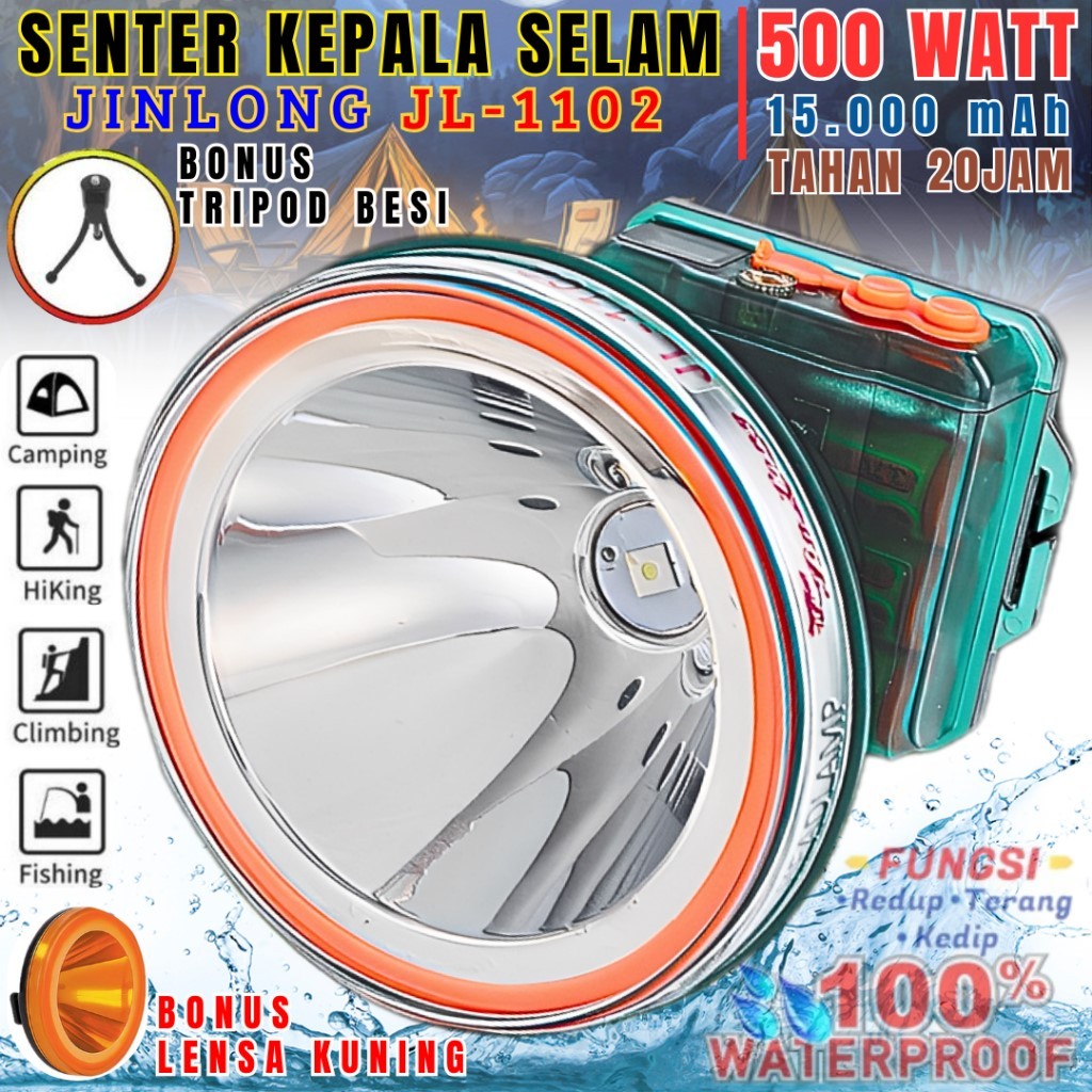 Senter Kepala JINLONG JL-1102 Headlamp 500 Watt Super Terang 15000mAh Waterproof Tahan 20 Jam Anti A