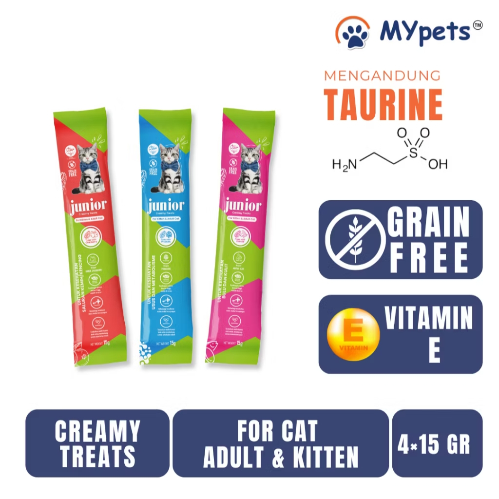 HALAL & TERMURAH  JUNIOR CREAMY GRAIN FREE CAT TREATS SNACK KUCING 4*15GR