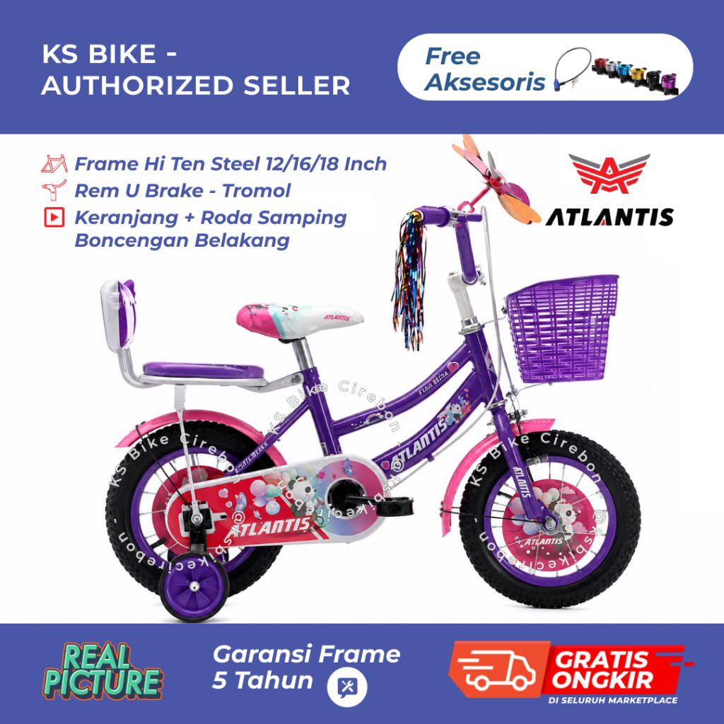 Sepeda Anak Perempuan ATLANTIS 12 Inch Musik Keranjang Roda Bantu Ban Pompa Sepeda Anak Cewek Belaja