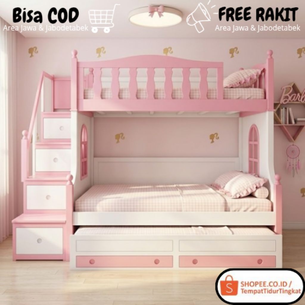 Ranjang Tingkat 3 Anak Perempuan Kayu Minimalis Plus Laci Storage