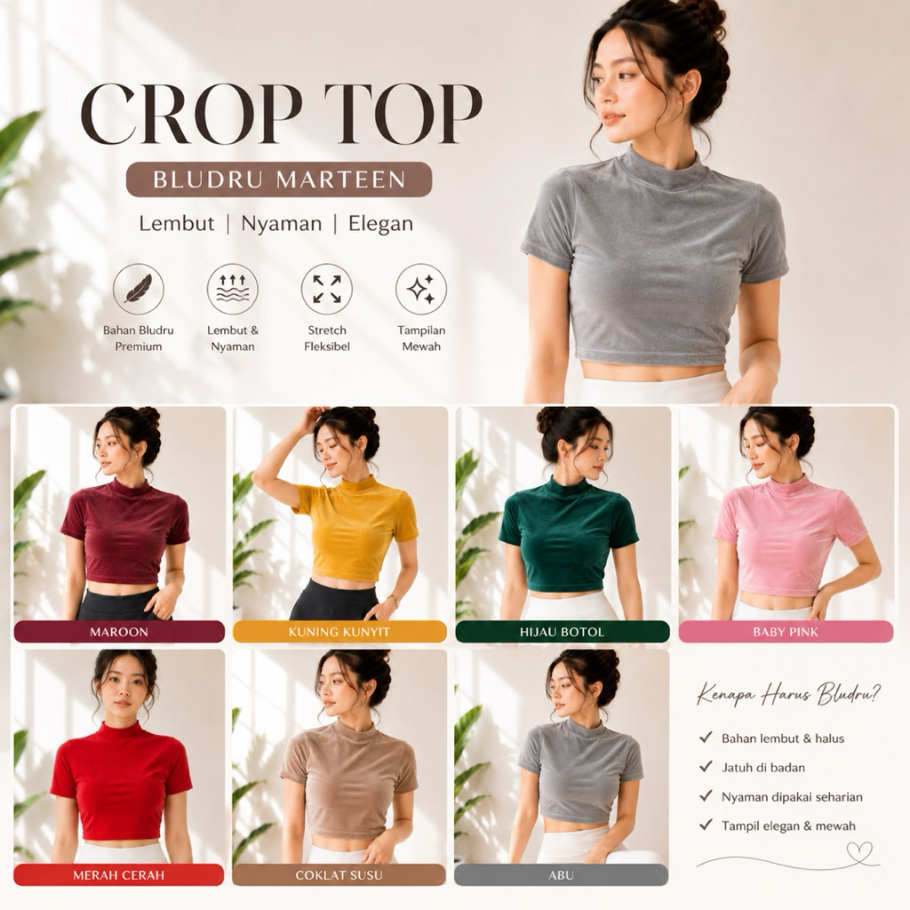 Vika Crop Top Bludru/Velvet Korean Top Atasan Bludru Turtle Neck 024