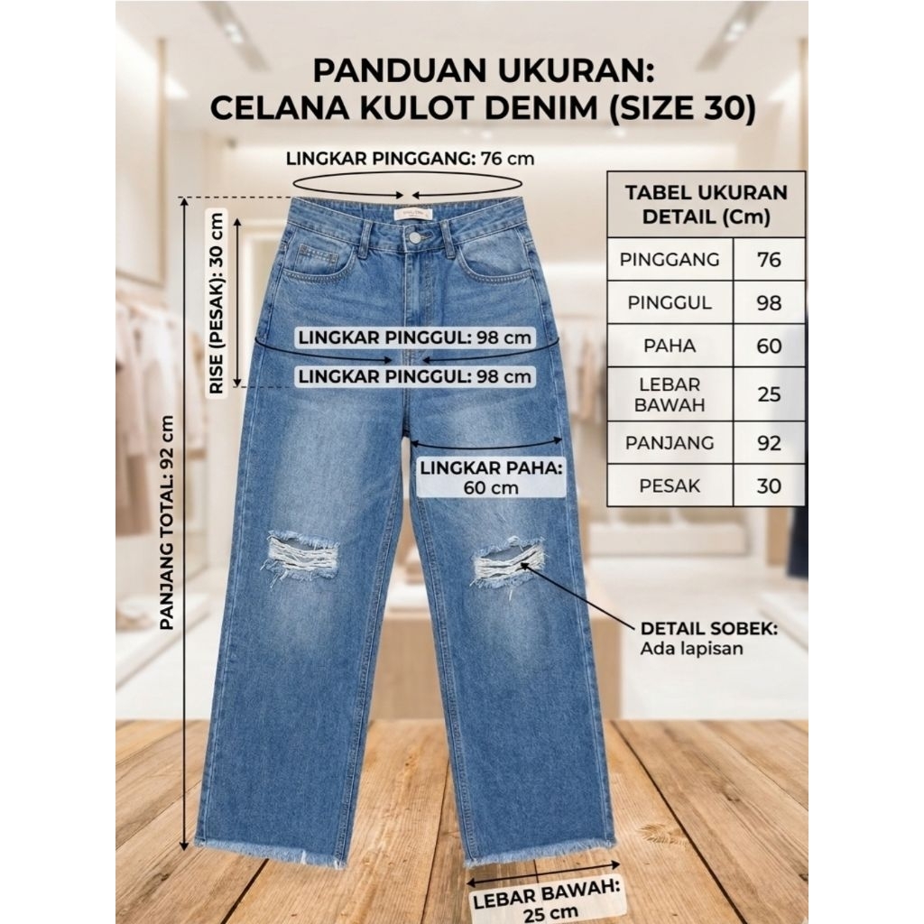 ​[Preloved] M&B Jeans Original - Celana Kulot Denim Loose Fit Ripped Sobek Raw Hem - Size 30