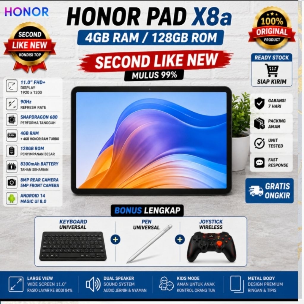 Honor Pad X8a RAM 4 128GB Second Mulus Fullset Bonus Keyboard Universal Stylus Joystick
