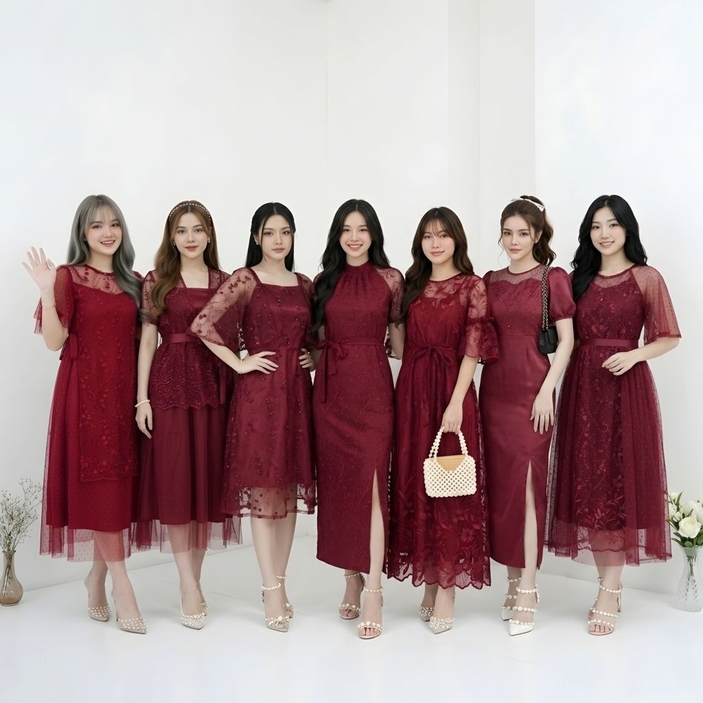 Dress Natal Edisi Warna Maroon Dress Brokat Pesta Kondangan Gaun Bridesmaid Merah Maroon Mewah Zh