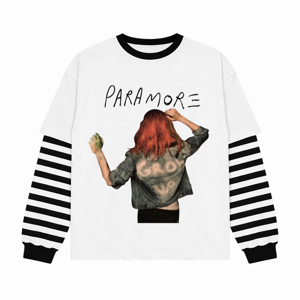 T-shirt Double Layer Salur DL RIB PARAMORE GROW UP Kaos Distro Long Sleeve Unisex Bahan Catton Combe