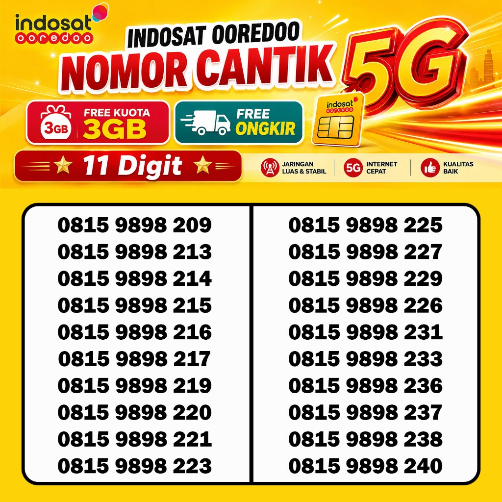 Kartu perdana Nomor cantik Indosat ooredoo 11 digit 5G Murah 00000 88888