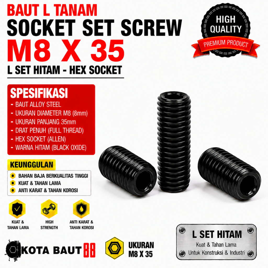 Baut L Tanam M8X35 / L Set 8X35 / Baut Tanam L M8 X 35 / L Set Hitam 8 X 35  - Socket Set Screw Blac