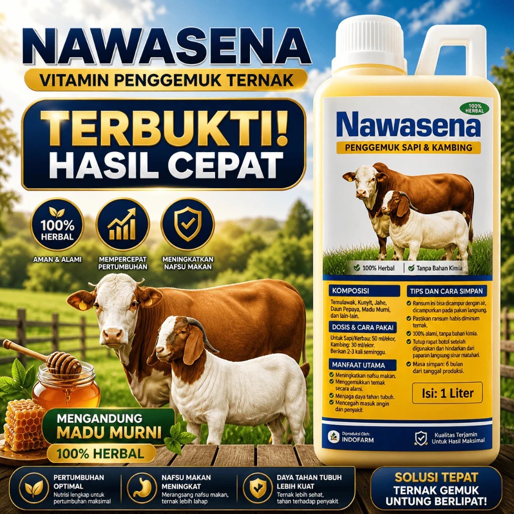 Nawasena Penggemuk Sapi & Kambing Cepat 500ml – Nafsu Makan Naik, Bobot Cepat Bertambah, 100% Herbal