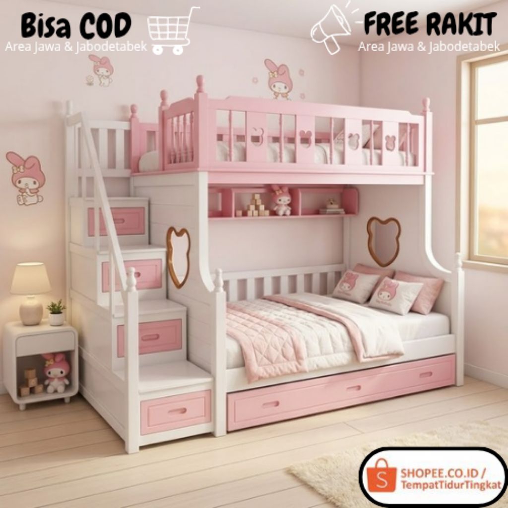 Kasur Tingkat Kokoh Modern Minimalis Custom Kayu Solid Anak Perempuan