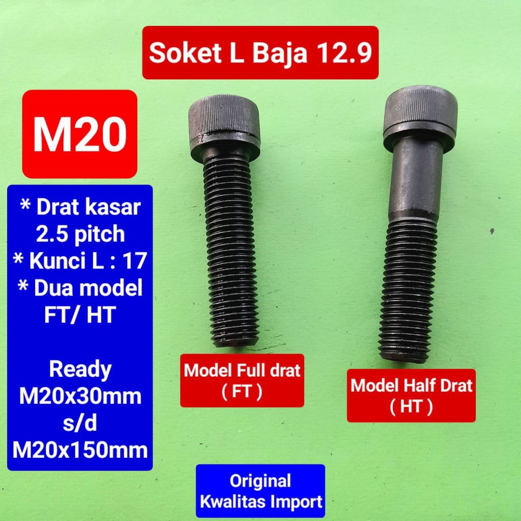 Baut soket L baja 12.9 M20 | baut L baja 12.9 M20 | baut kunci L baja 12.9 M20x30 s/d M20x150