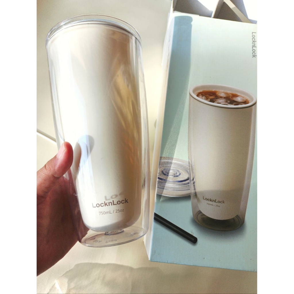 Preloved (like new) Gelas Minum Double Wall LocknLock 750ml Ivory - Desain Elegan