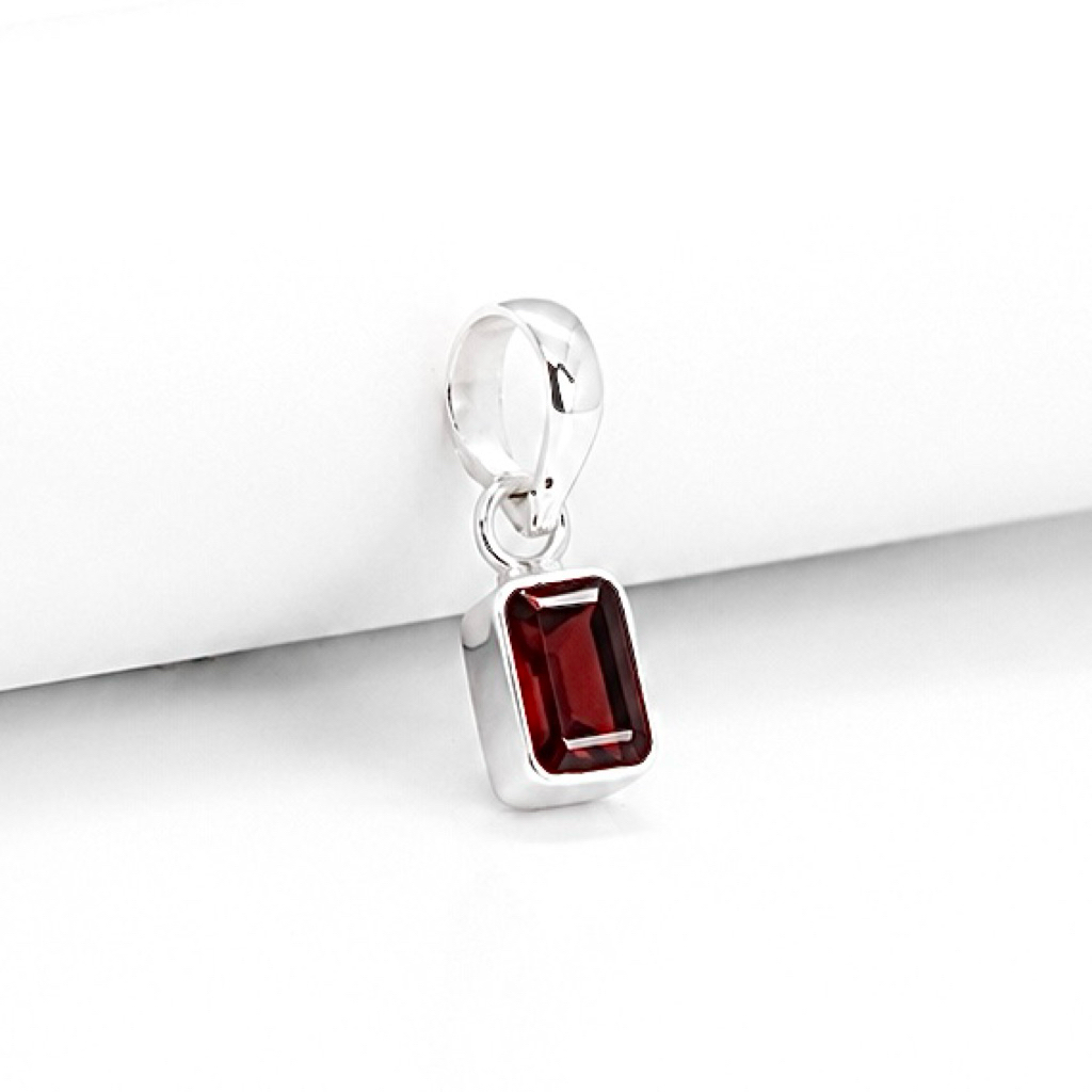 Liontin Perak 925 Asli Batu Red Garnet - Kotak Minimalis Pria Wanita Pendant Sterling Silver S925