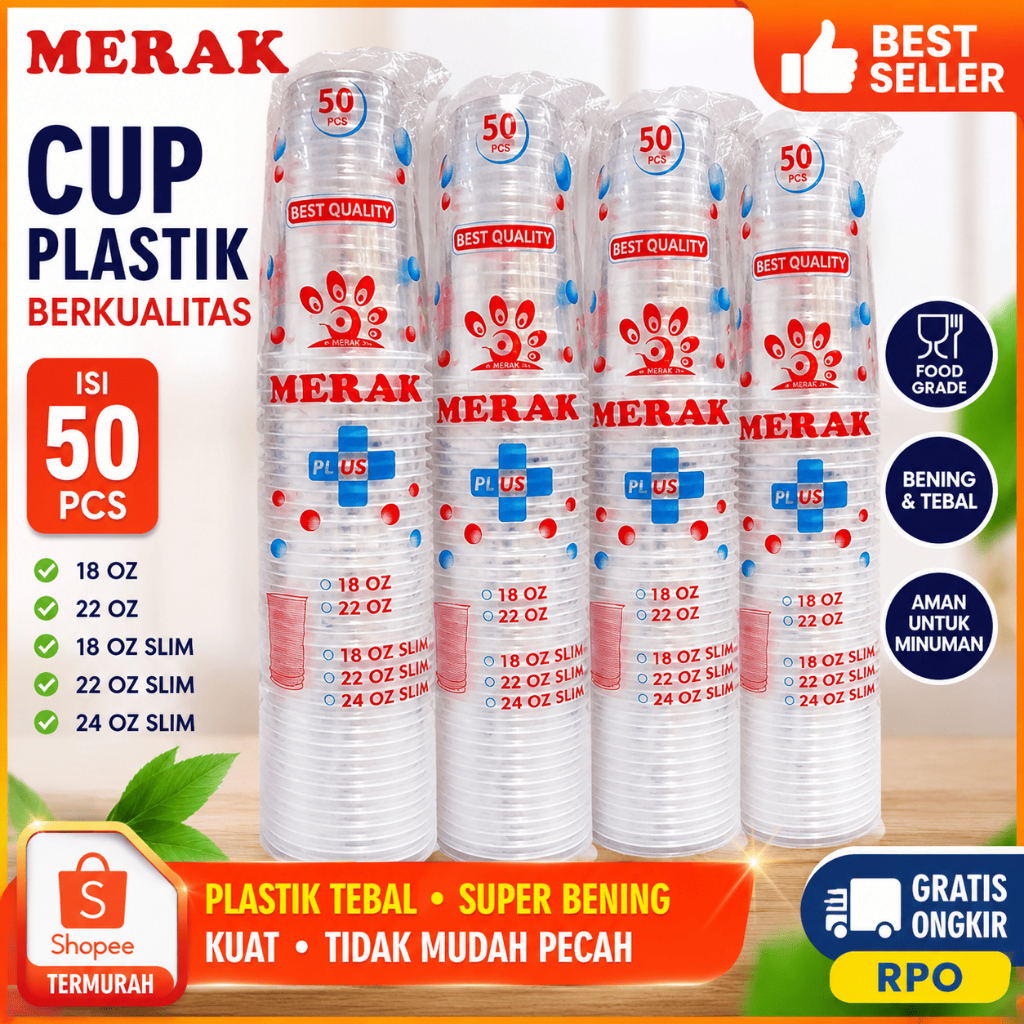 Cup gelas plastik 16 oz 18oz 22oz tebal 50pcs MERAK PLUS