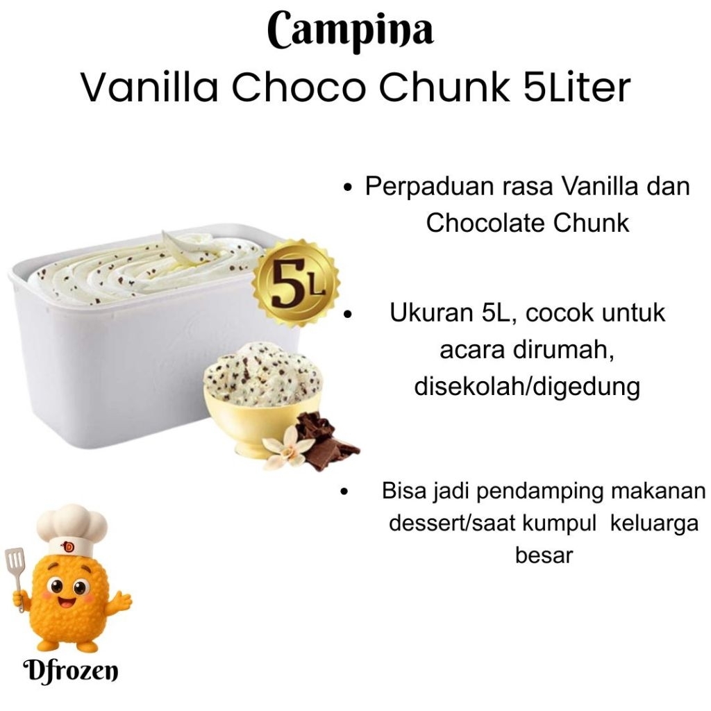 Es Krim Campina Vanila Choco Chunk 5 liter Ice Cream Ember Rasa Vanila Dengan Potongan Coklat Lezat