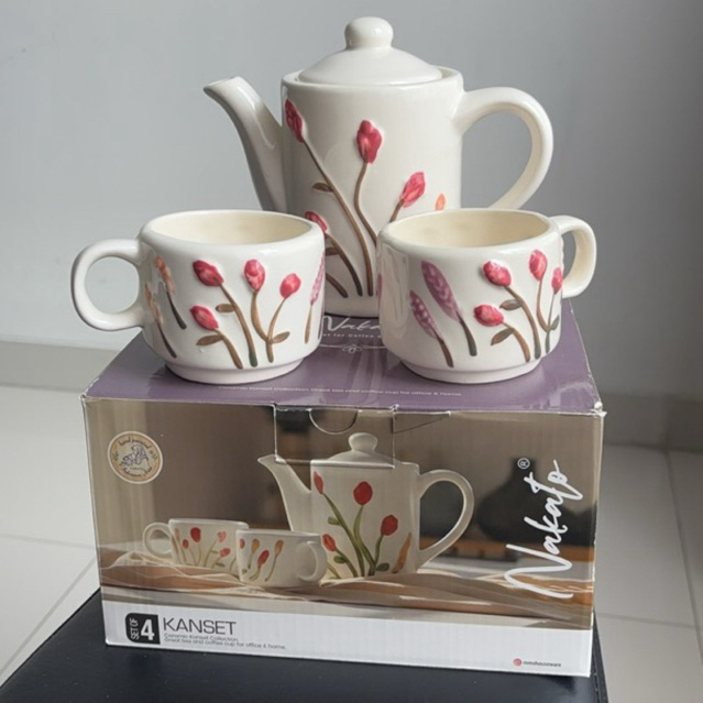 Nakato Kanset Ceramic Tea - Set Teko & Cangkir Keramik Motif Bunga Handmade Estetik - Paket Teko Ker
