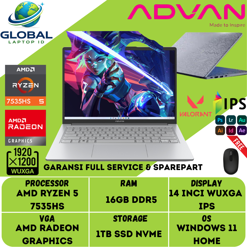 RESMI Laptop ADVAN Workplus Heritage 14 AMD Ryzen 5 7535HS RAM 16GB DDR5 1TB WUXGA IPS W11 Original