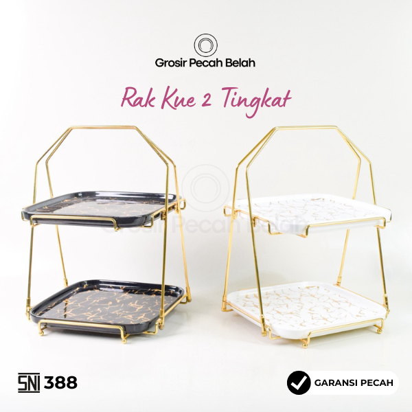 Fiorenza - Tempat Wadah Kue Buah Keramik Kitchenware Rak Susun Tingkat 2 | Motif Marble Linning Gold