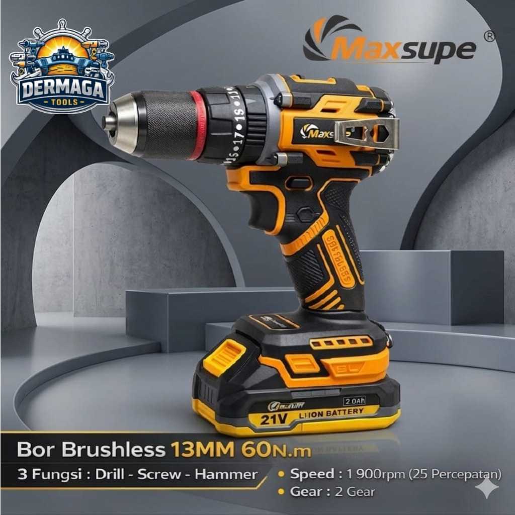 Maxsupe - Bor Brushless 13mm 3 Fungsi 21v 2.0Ah | Torsi 60N.m 2026 Series