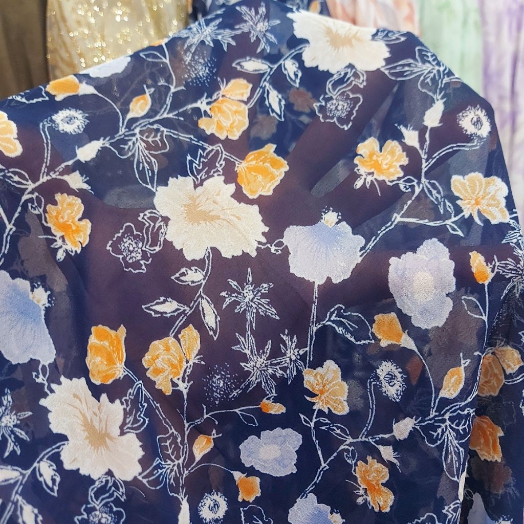 kain sifon motif premium  - kain sifon ceruti  - kain sifon motif bunga ( navy) dr
