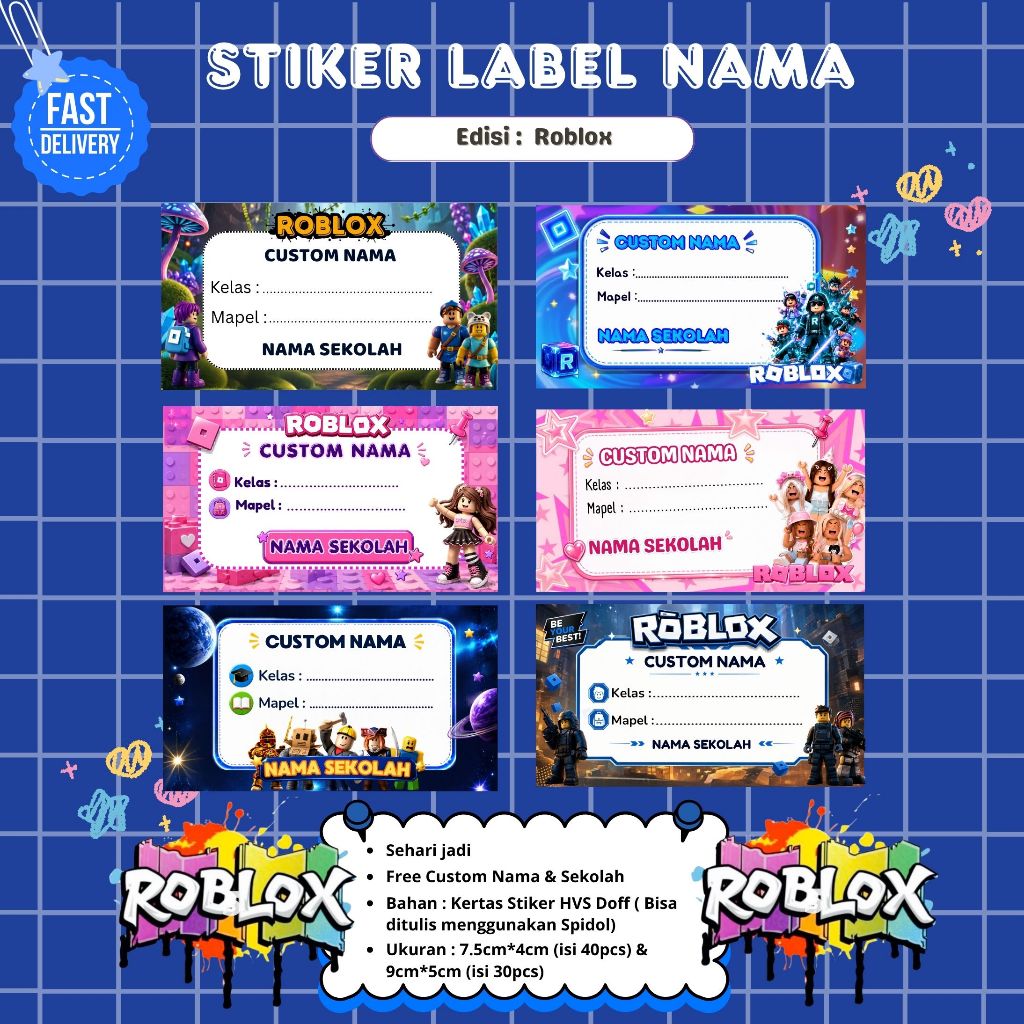 (40pcs) Stiker Label Nama Buku Sekolah Tema Roblox