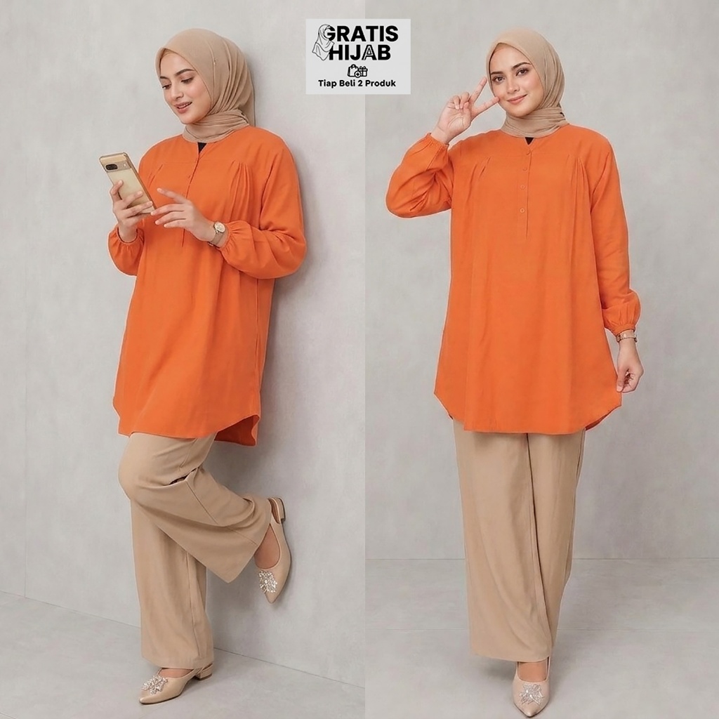 Atasan Blouse Kemeja Lengan Panjang Busana Muslim Wanita Terbaru Jumbo Size Polos Warna Orange Kerja
