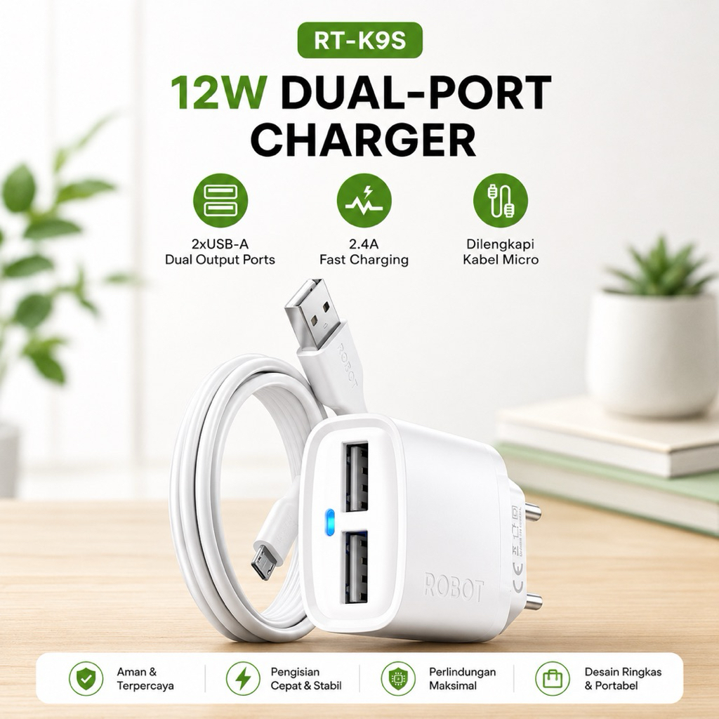 Travel Charger ORIGINAL ROBOT RT-K9S Led 12W 2USB 2.4A + USB Kabel Micro / Type-C Casan K9SC